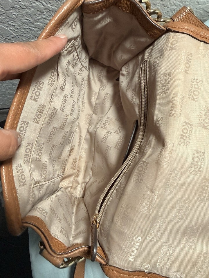 Michael Kors Fulton Pebbled Leather Crossbody Bag Brown Gold Tone Chain
