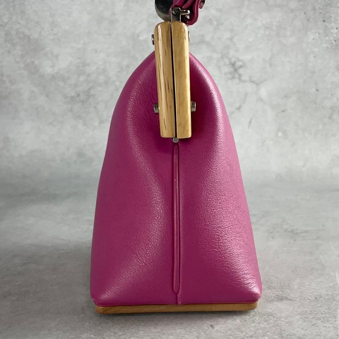 PERRIN PARIS Leather Wood Frame Shoulder Bag Pink Magenta Purse Mint Condition