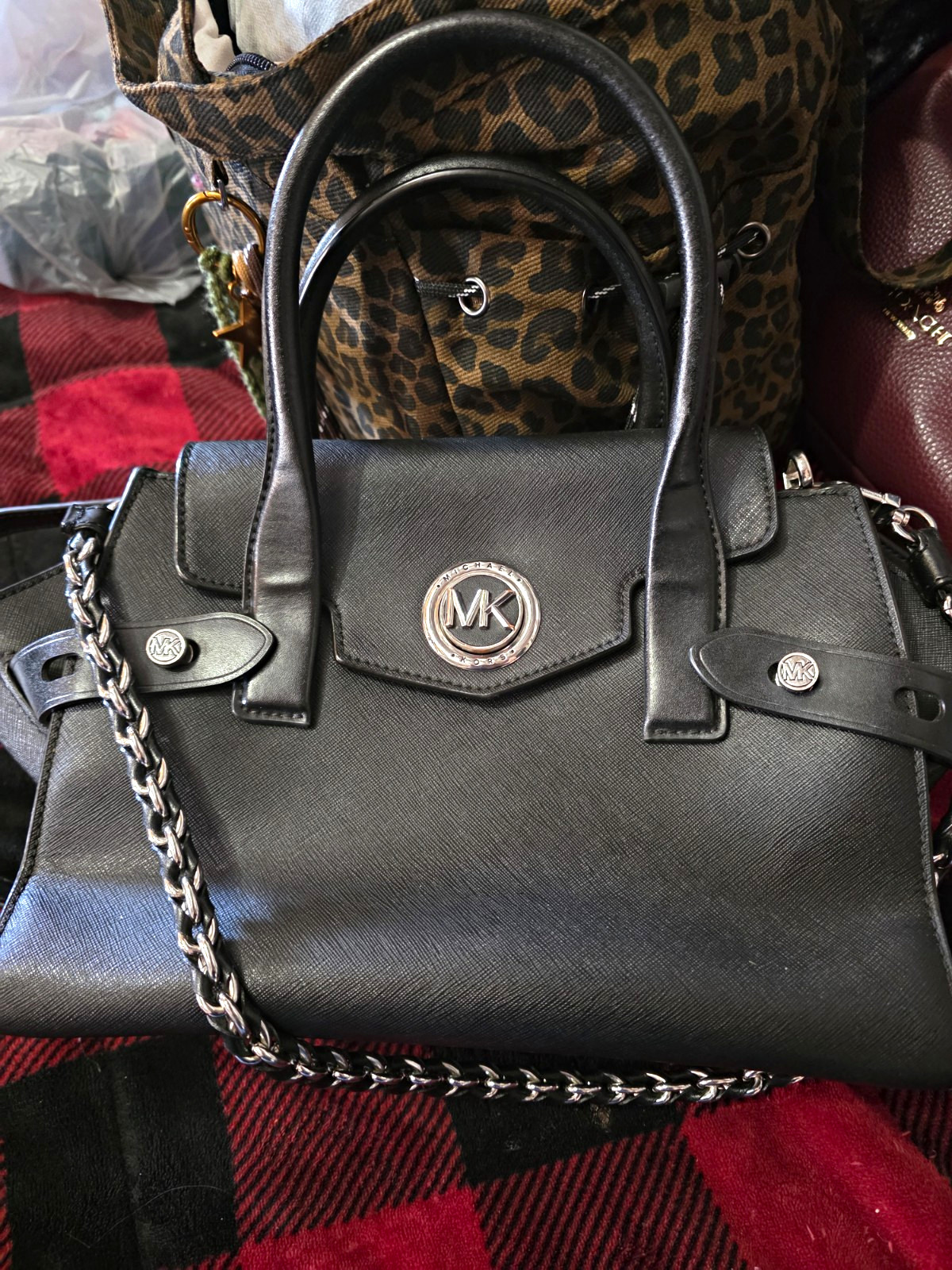 Michael Kors Black Medium Satchel Top Handle Chain Strap Detachable Strap