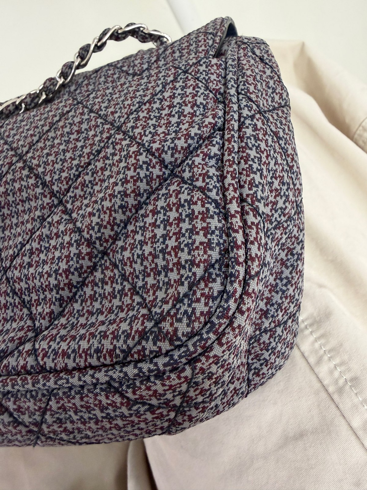 Prada Vintage Houndstooth Chain Flap Normal Size Grey Textile Shoulder Crossbody