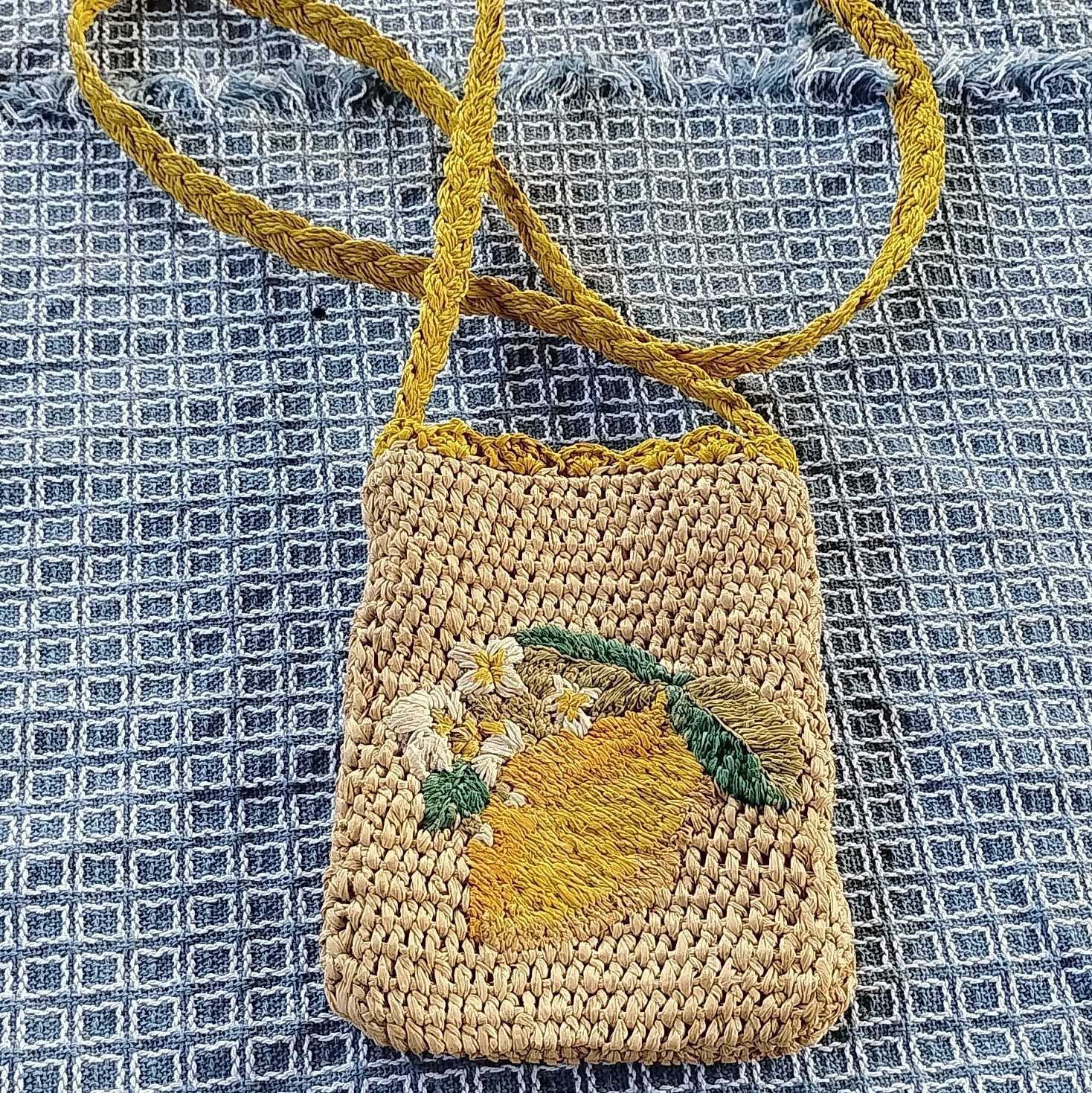 Vanessa Bruno Cabas Voyage Crossbody Bag Embroidered Floral Beige Yellow