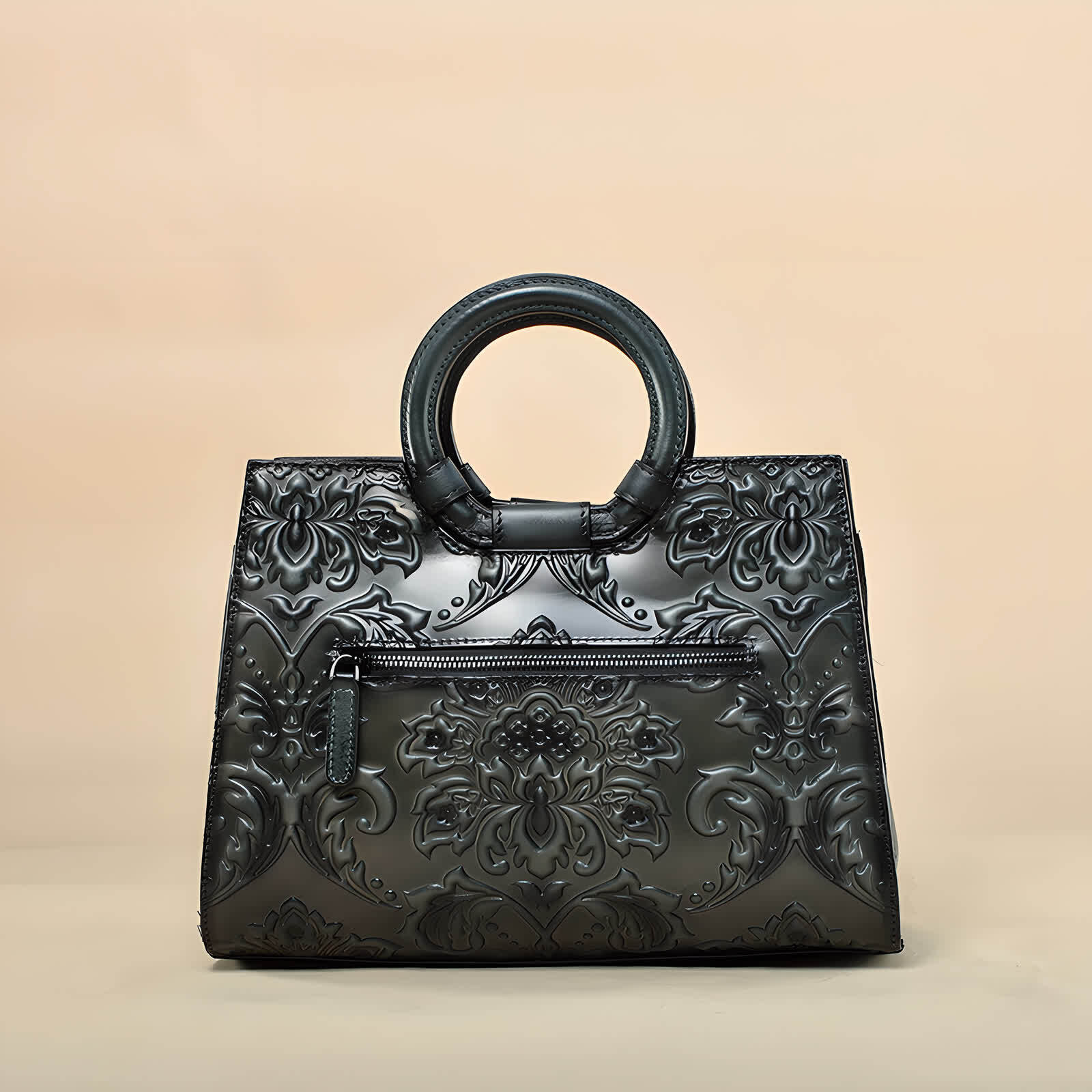 Erivis Black Top round handle Leather Bag Handbag Hand-Carved Vintage