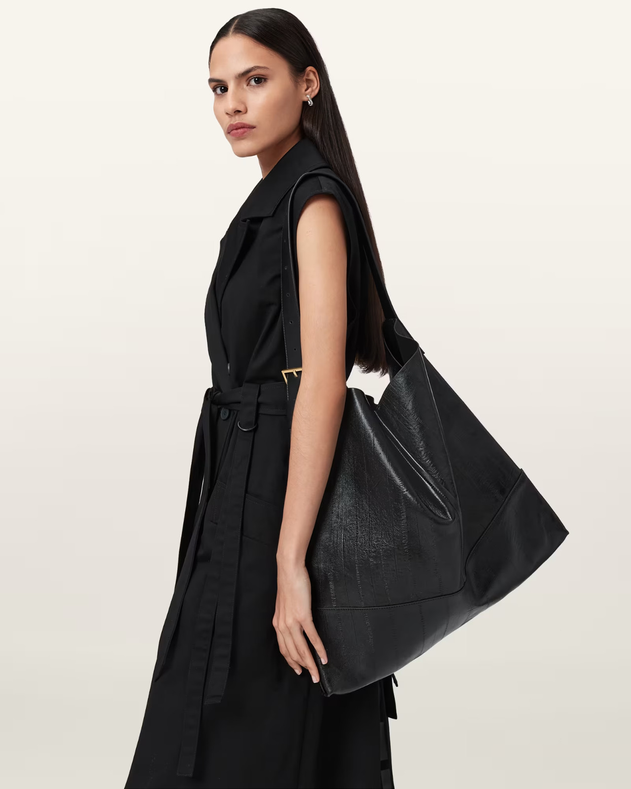 AllSaints Asha Eel Shoulder Black W229XD One Size New