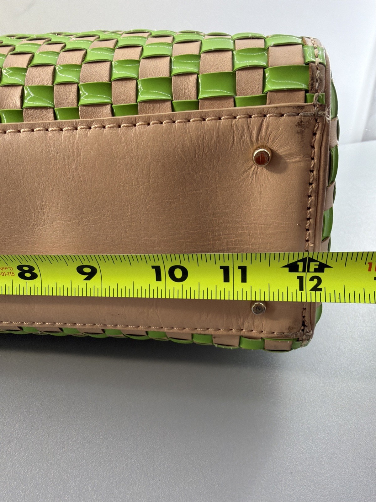 Kate Spade “Bay Street” Lime Green + Beige Woven Patent Leather Tote Satchel