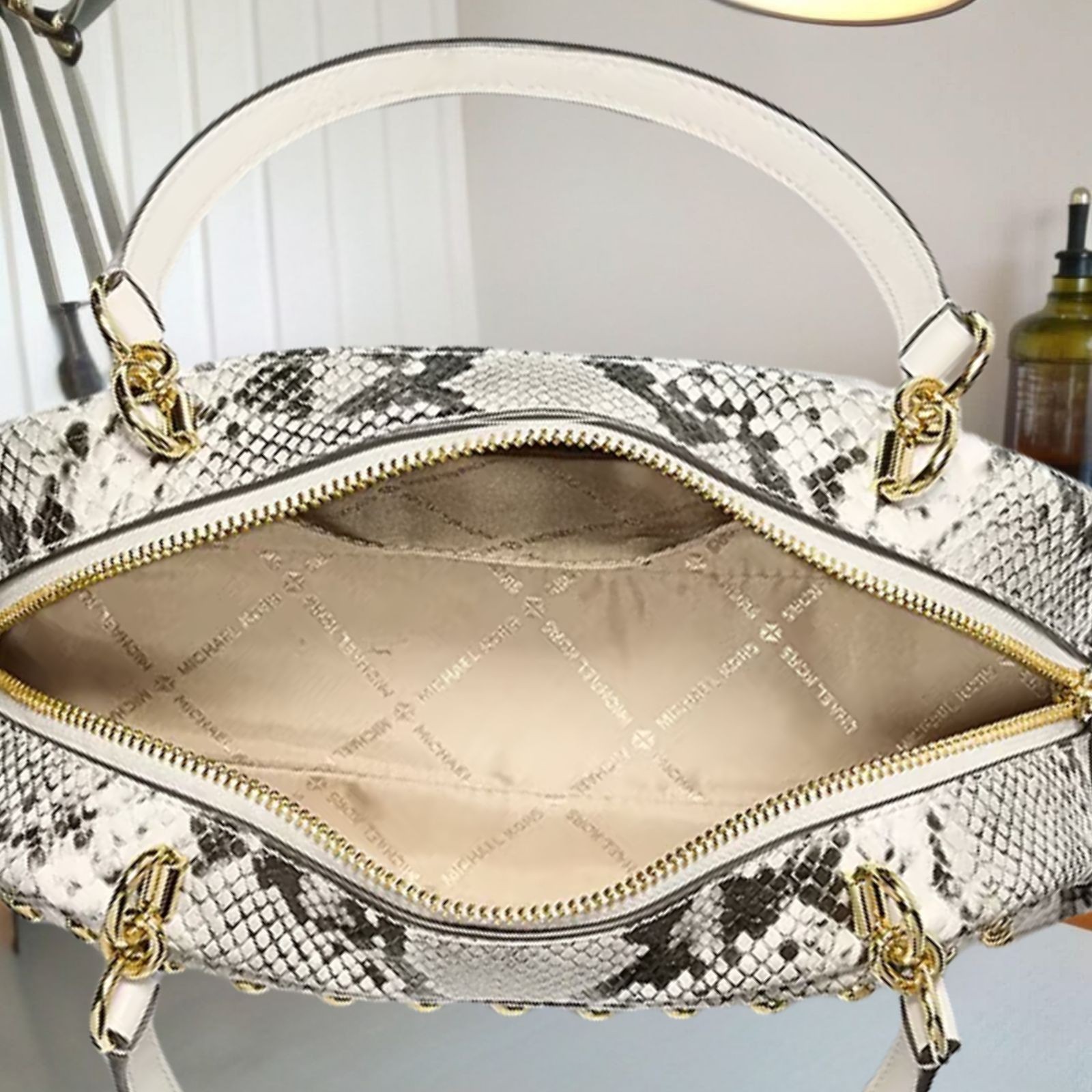 Michael Kors Lady Cecily Small Studded Snake Embossed Shoulder Bag Light Cream
