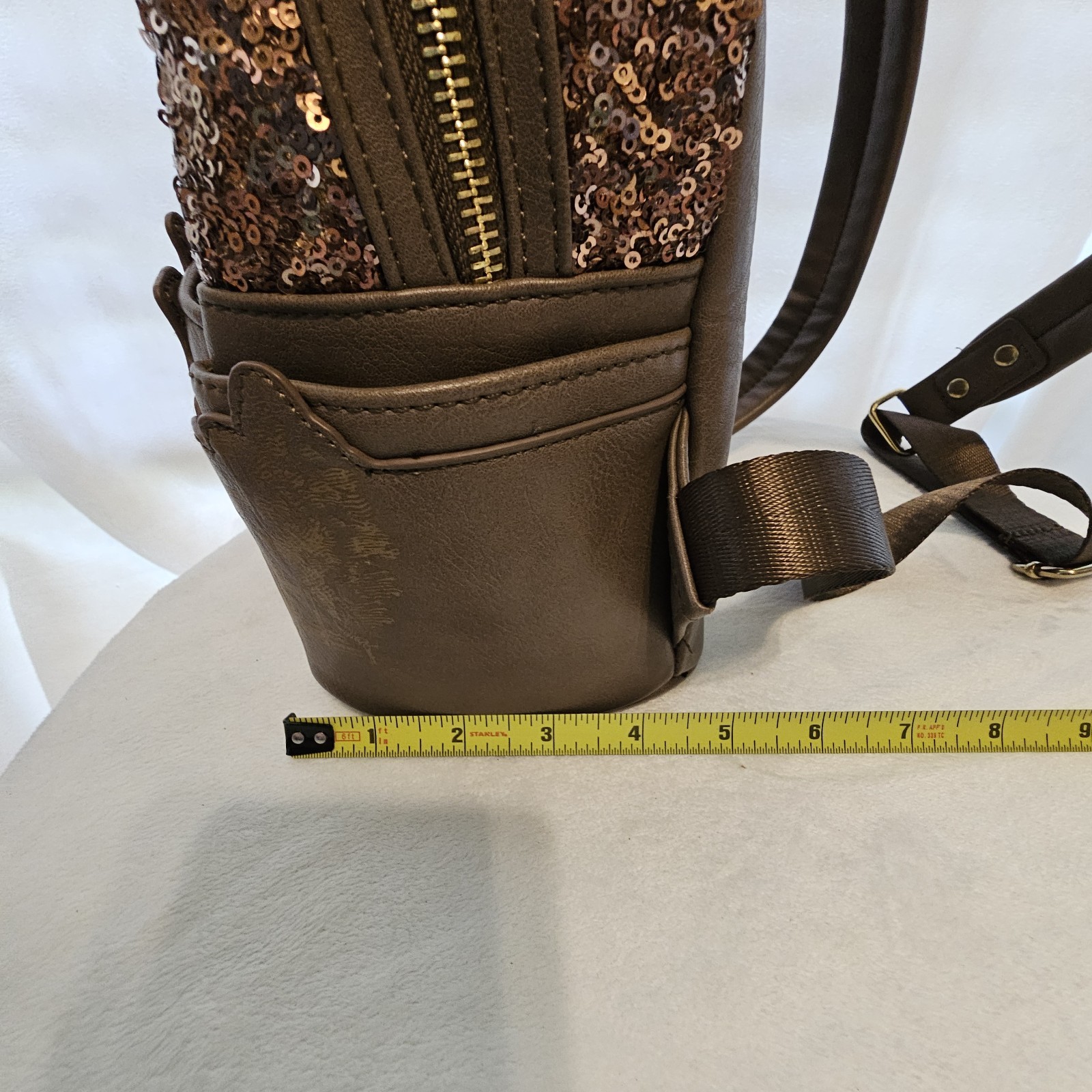 Loungefly Biltmore Brown Sequin Backpack Gold Hardware Bag Charm 10×9.5x5in EUC