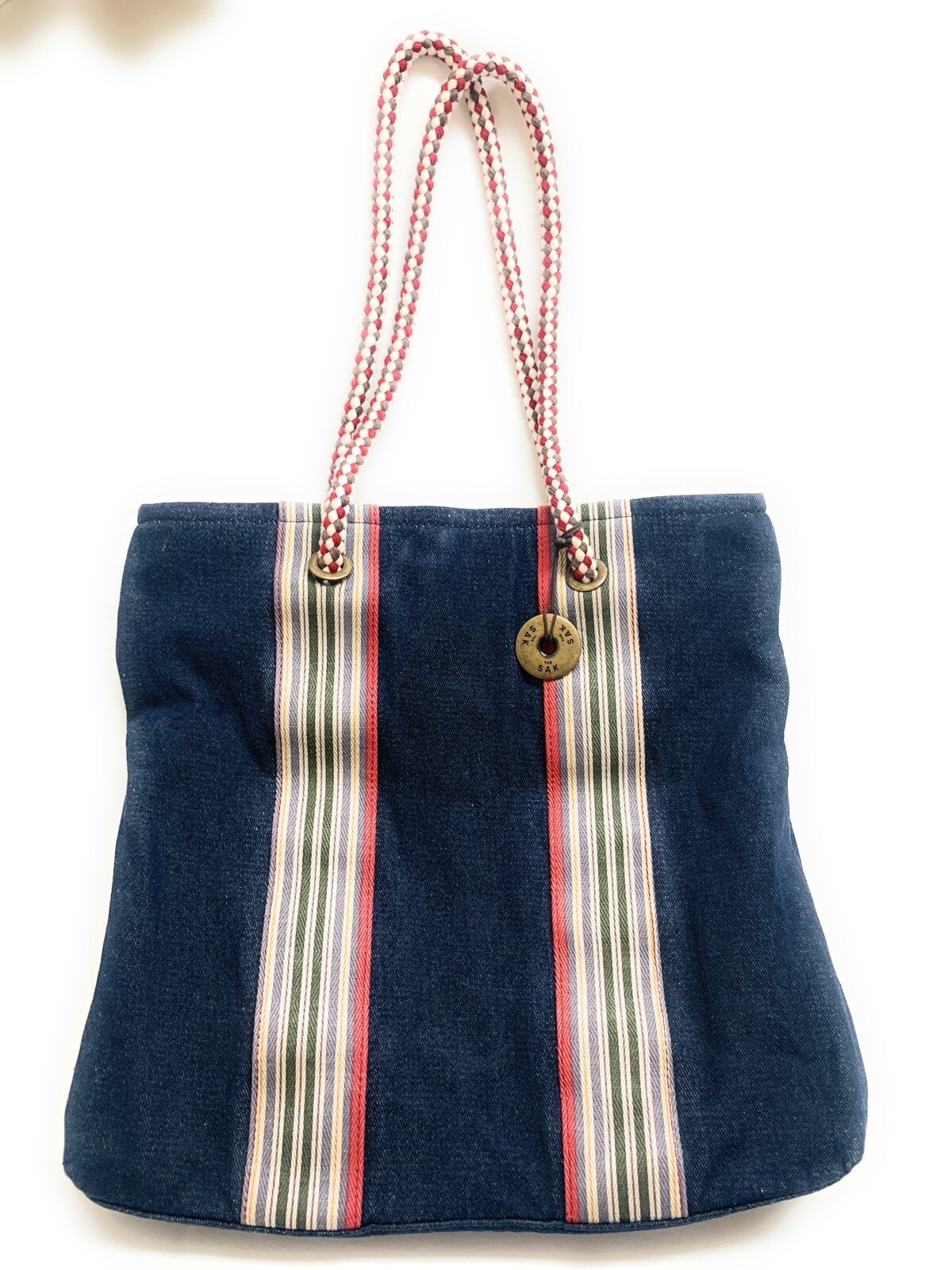The Sak Blue Denim Striped Canvas Tote Shoulder Rope Strap 14”x14”x2.75”