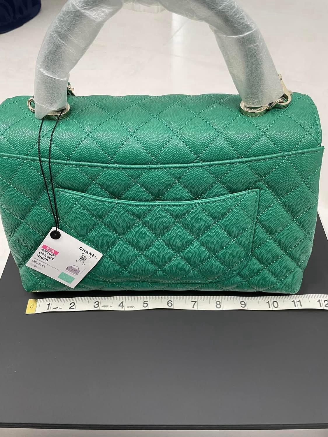 New 22A CHANEL Medium Large Flap Coco Top Handle Green Caviar Gold Bag RECEIPT