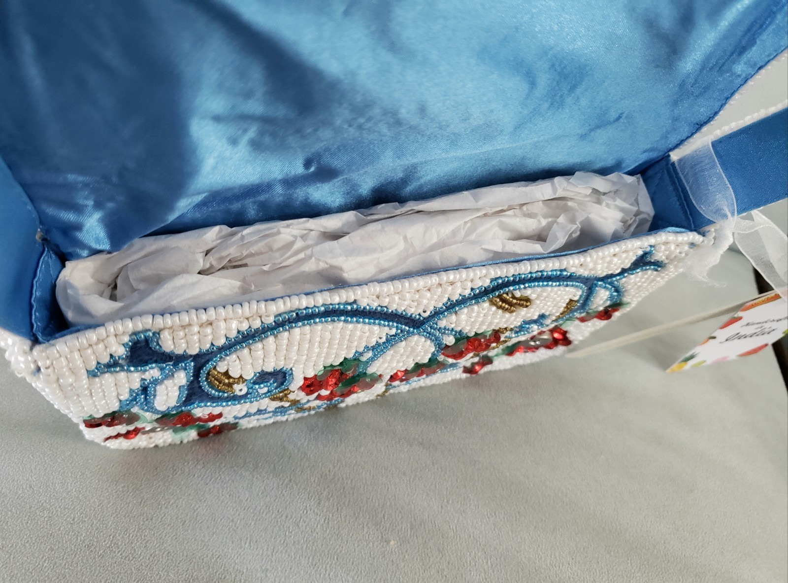 Handcrafted in India Raspberry Vine Beaded Sequin Shoulder Bag White Blue Red