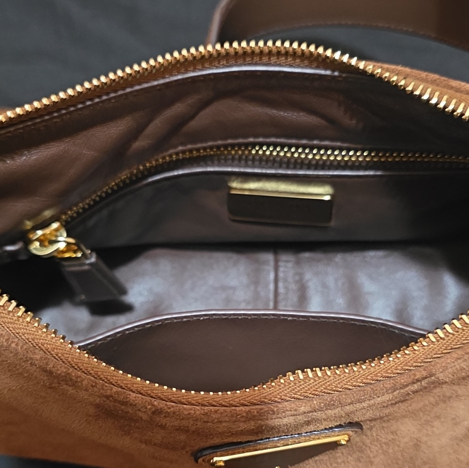 PRADA Brown Shoulder Bag Gold Hardware Zip Closure Inner Pockets Bag Charm