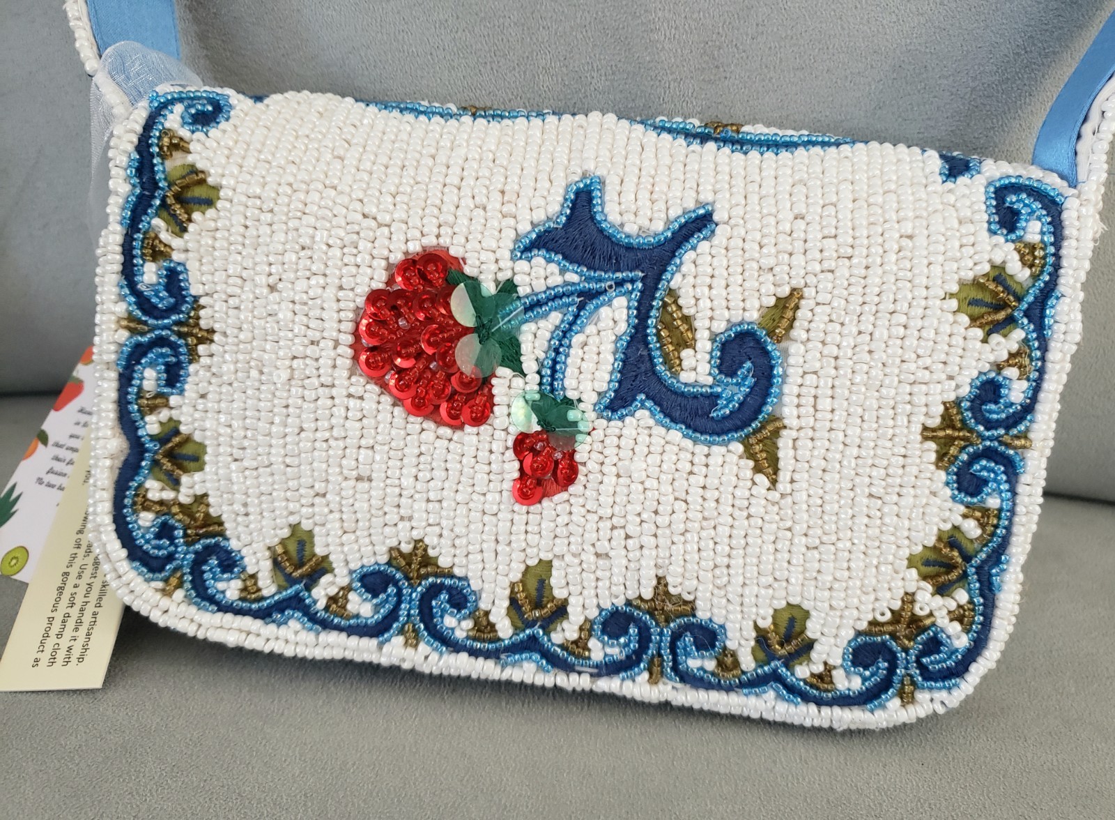 Handcrafted in India Raspberry Vine Beaded Sequin Shoulder Bag White Blue Red
