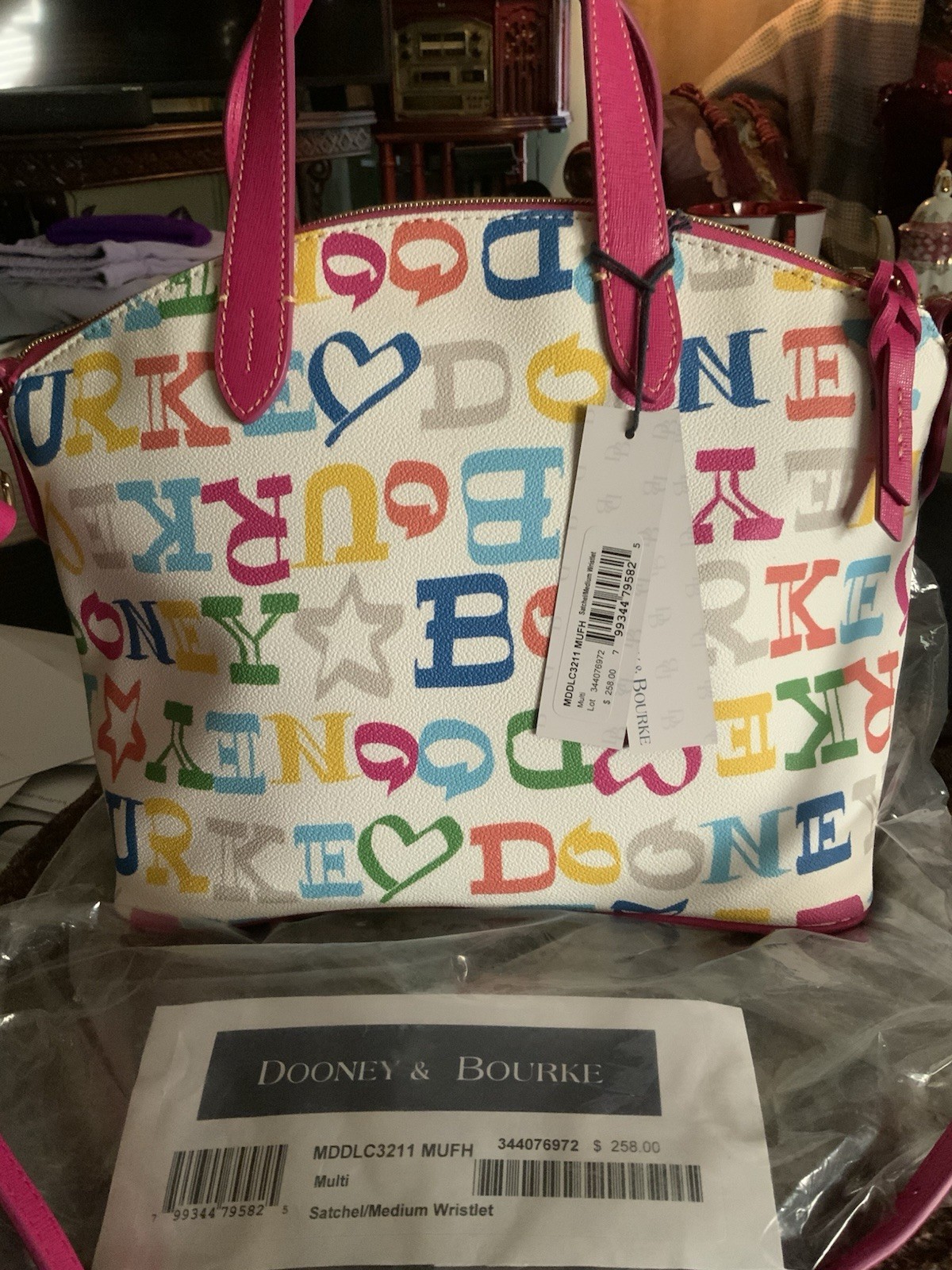 Dooney & Bourke Multicolor Logo Medium Satchel Zip Top Pink Trim + Wristlet