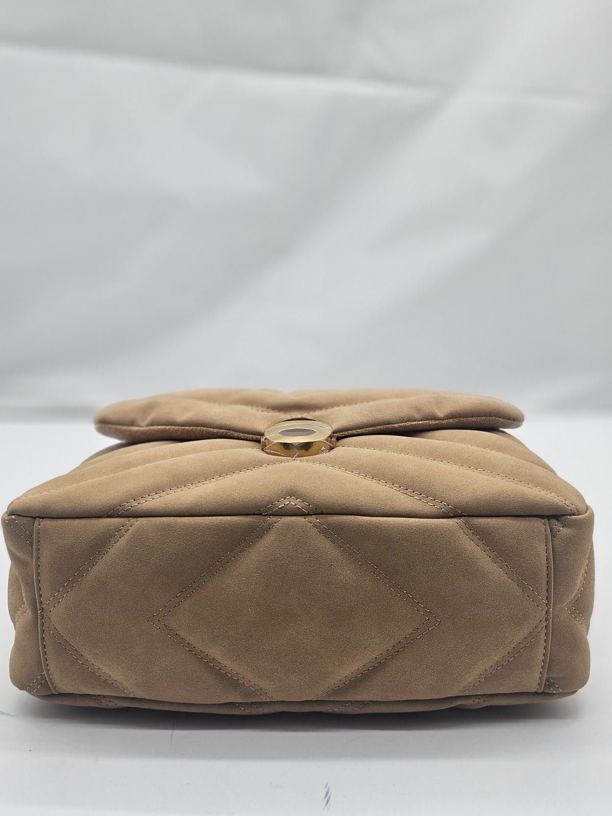 Womens Soft Quilted Flap Bag Faux Suede with Chain Tan NWT