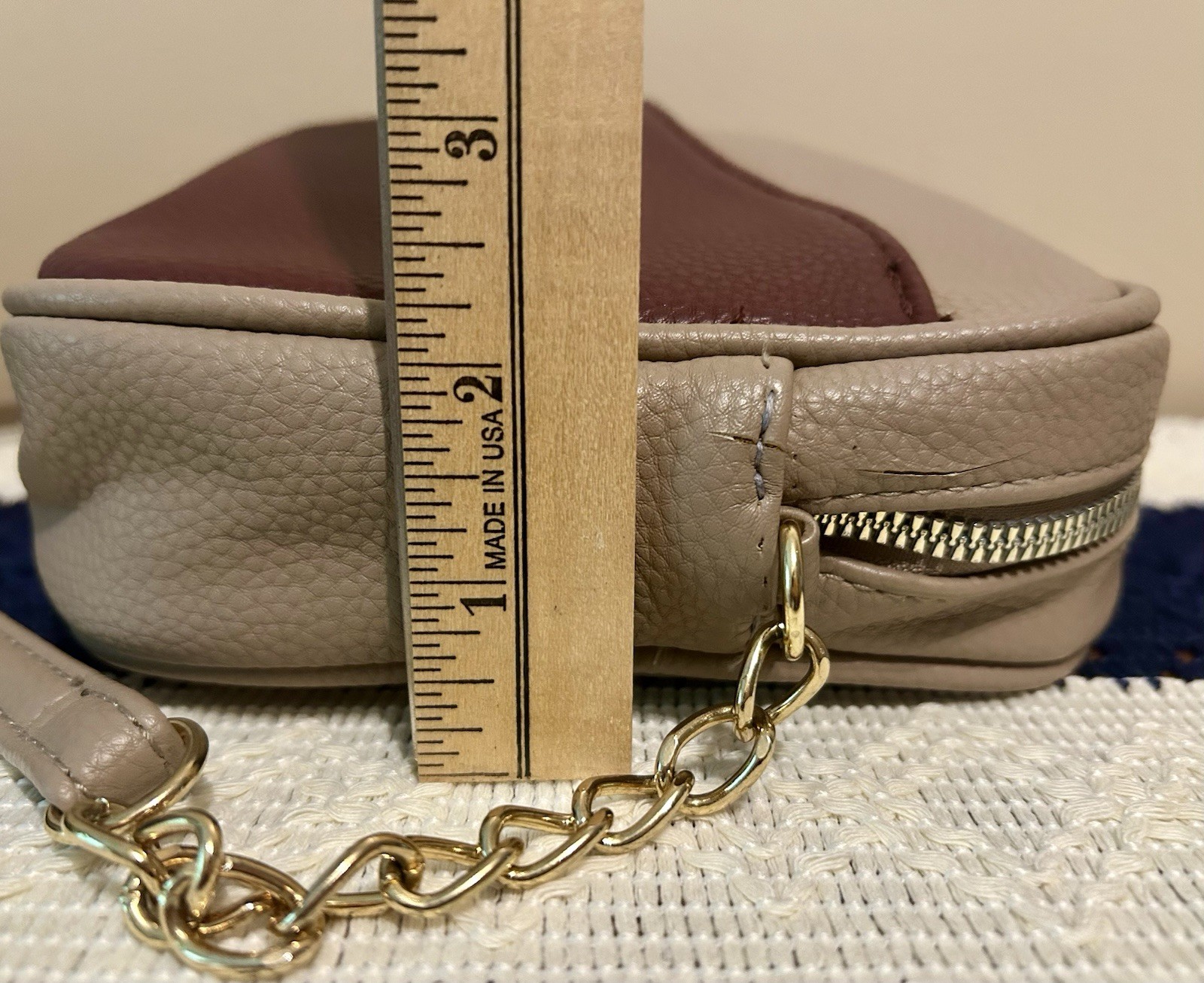 Nanette Lepore Beige/Burgundy Colorblock Crossbody Bag, Zip, Gold chain Strap