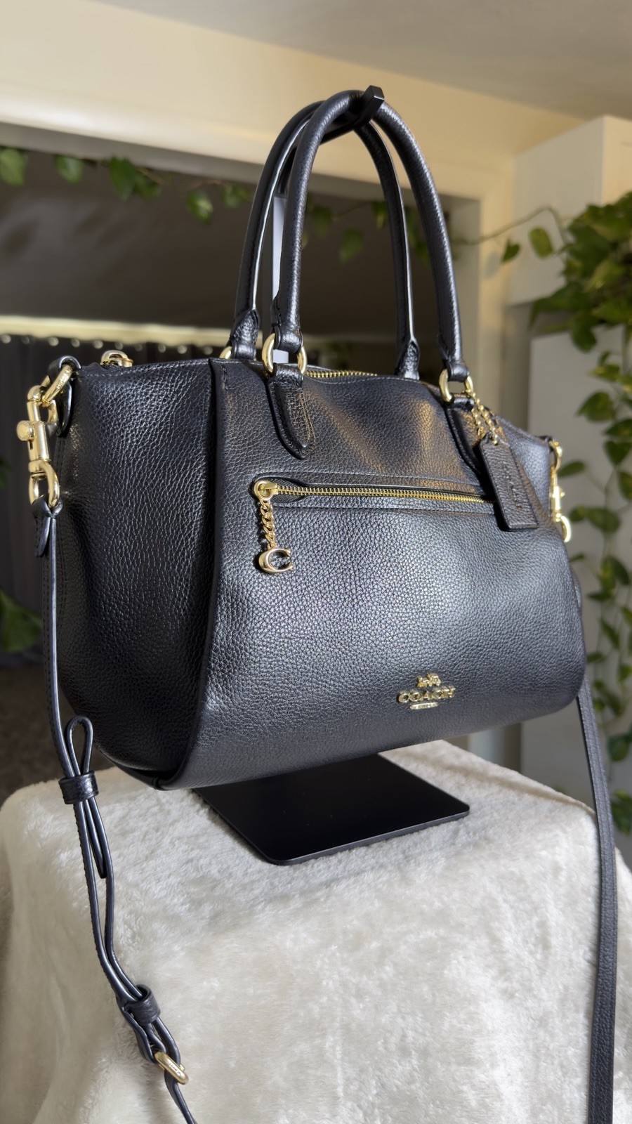 COACH Black Pebbled Leather Elise Satchel Crossbody Shoulder Bag Gold Logo 79316
