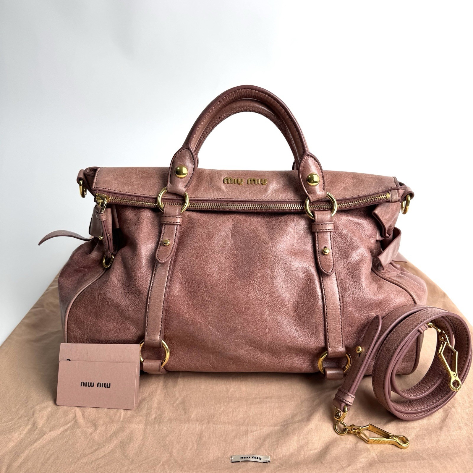 Auth Miu Miu Vitello Lux Ribbon Pink Leather 2Way Shoulder Handbag Y2K e108