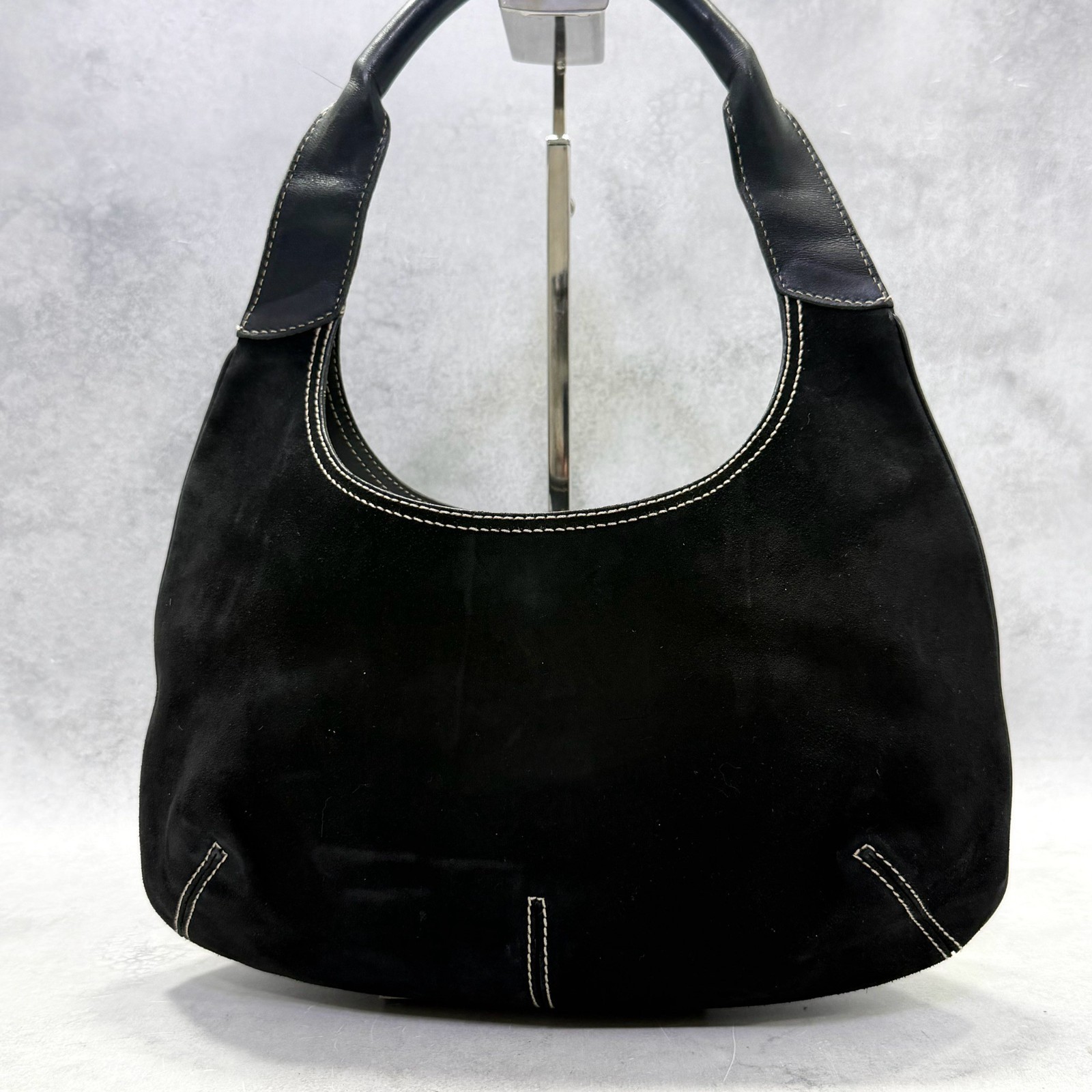 Salvatore Ferragamo Authentic Suede Hobo Shoulder Bag Black Logo Half Moon
