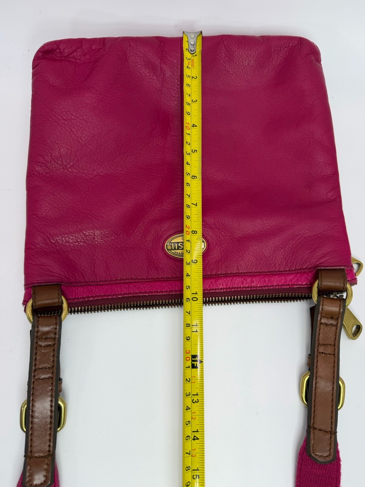 Fossil Explorer Triple Zip Crossbody Bag In Magenta Pink Leather Brass Hardware