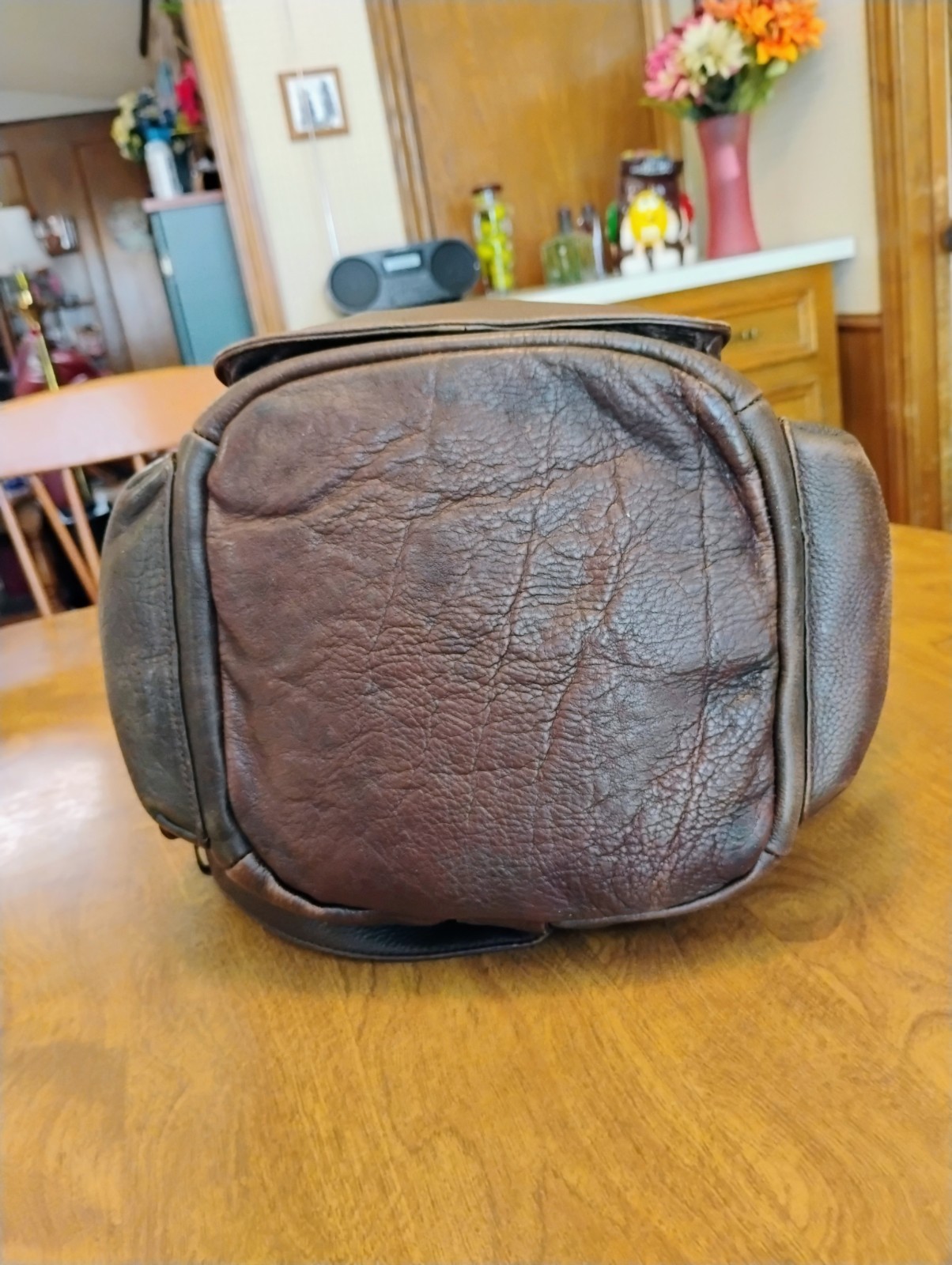 Fossil Dark Brown Pebble Grain Leather Drawstring Flap Bucket Backpack / Purse