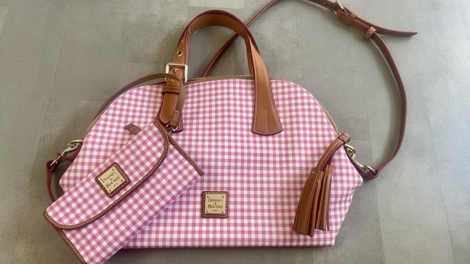 Dooney & Bourke Pink/White Gingham Satchel Top Handle Detachable Strap Wallet
