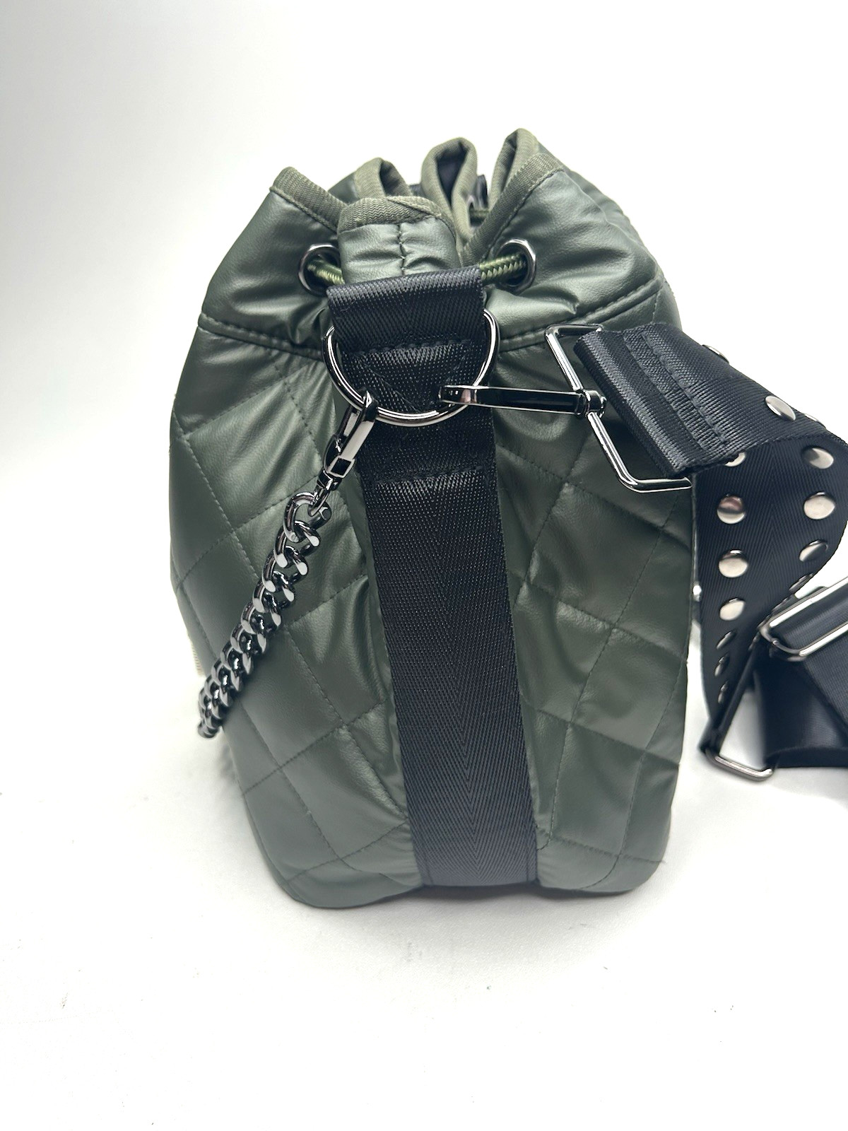 HAUTE SHORE Olive Quilted Nylon Drawstring Bucket Studded Crossbody Strap $87