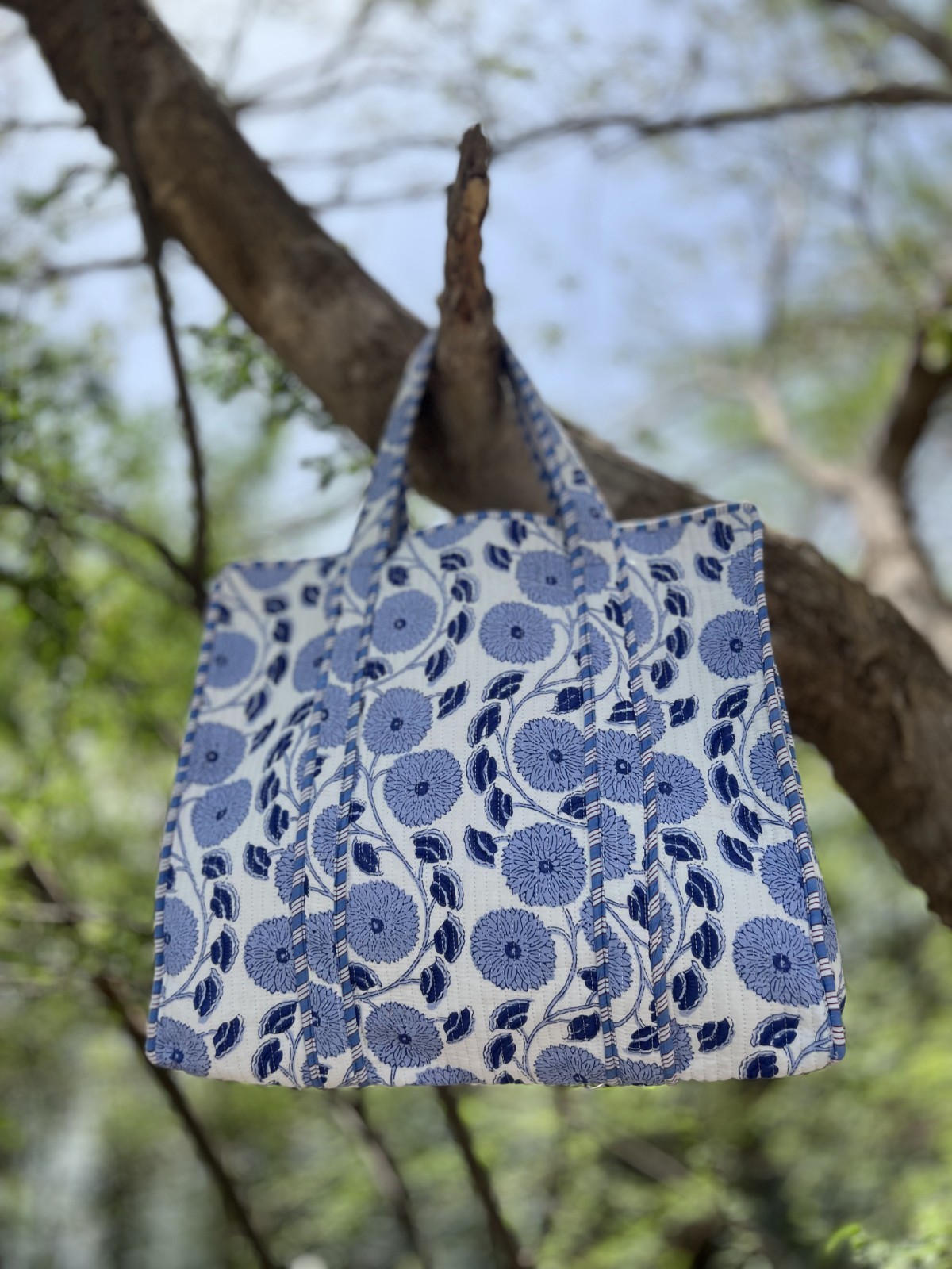 Handmade Blue Floral Quilted Cotton Tote Bag – Elegant, Spacious & Everyday Esse