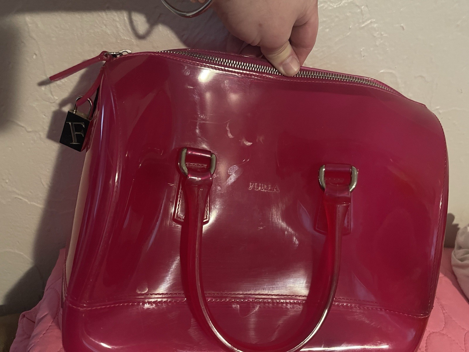 Furla Candy Bag Pink Satchel Lock Charm Brand Logo Silver Hardware