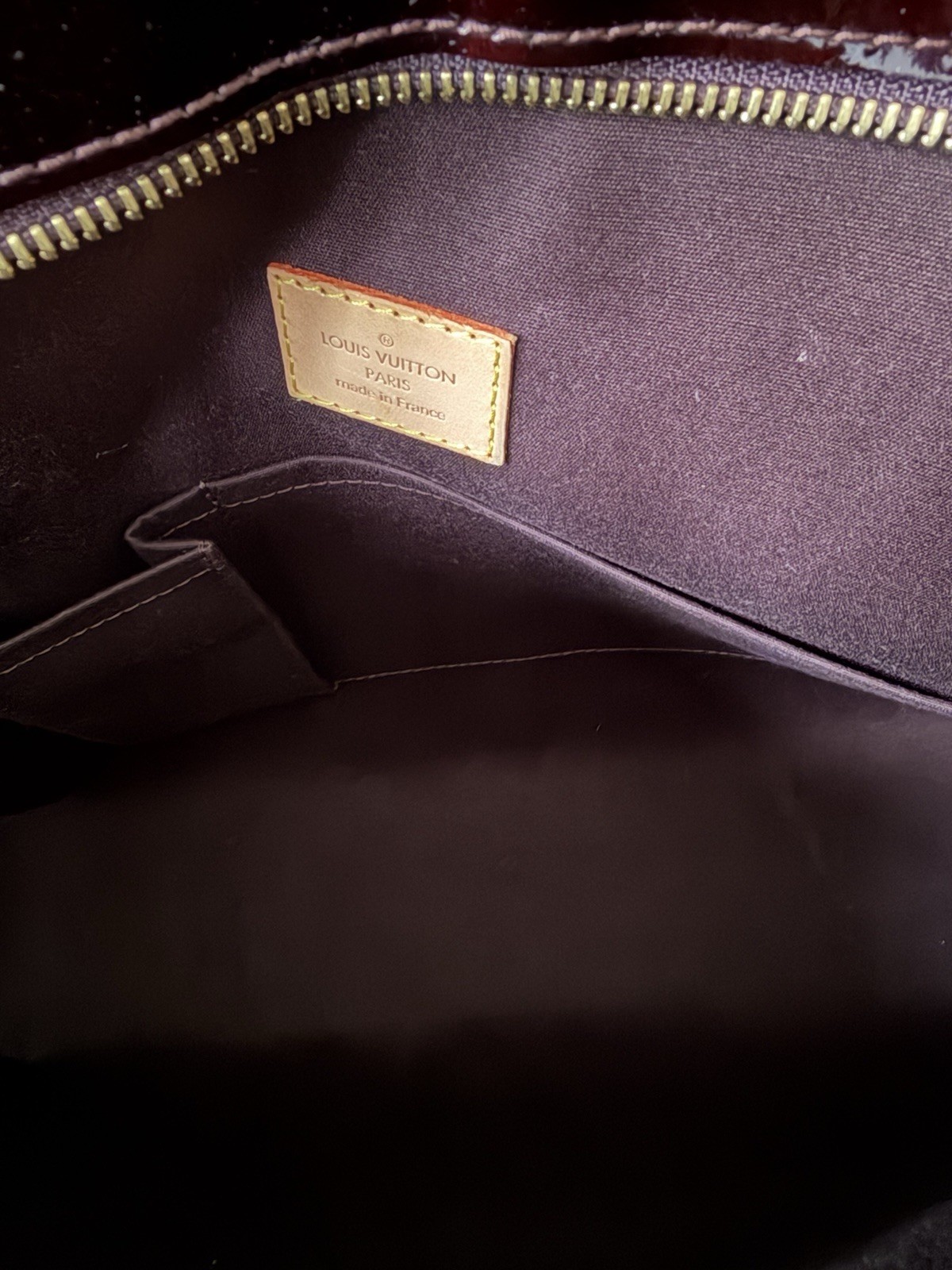 Louis Vuitton Burgundy Monogram Vernis Patent Tote Zip Beige Handles Dust Bag