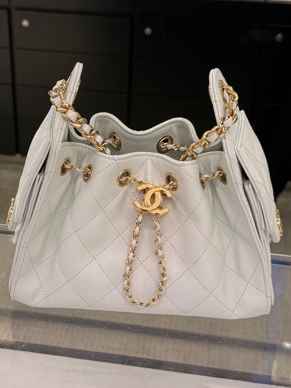 Chanel 25 Mini Handbag Light Blue Caviar Leather Gold Hardware BNIB