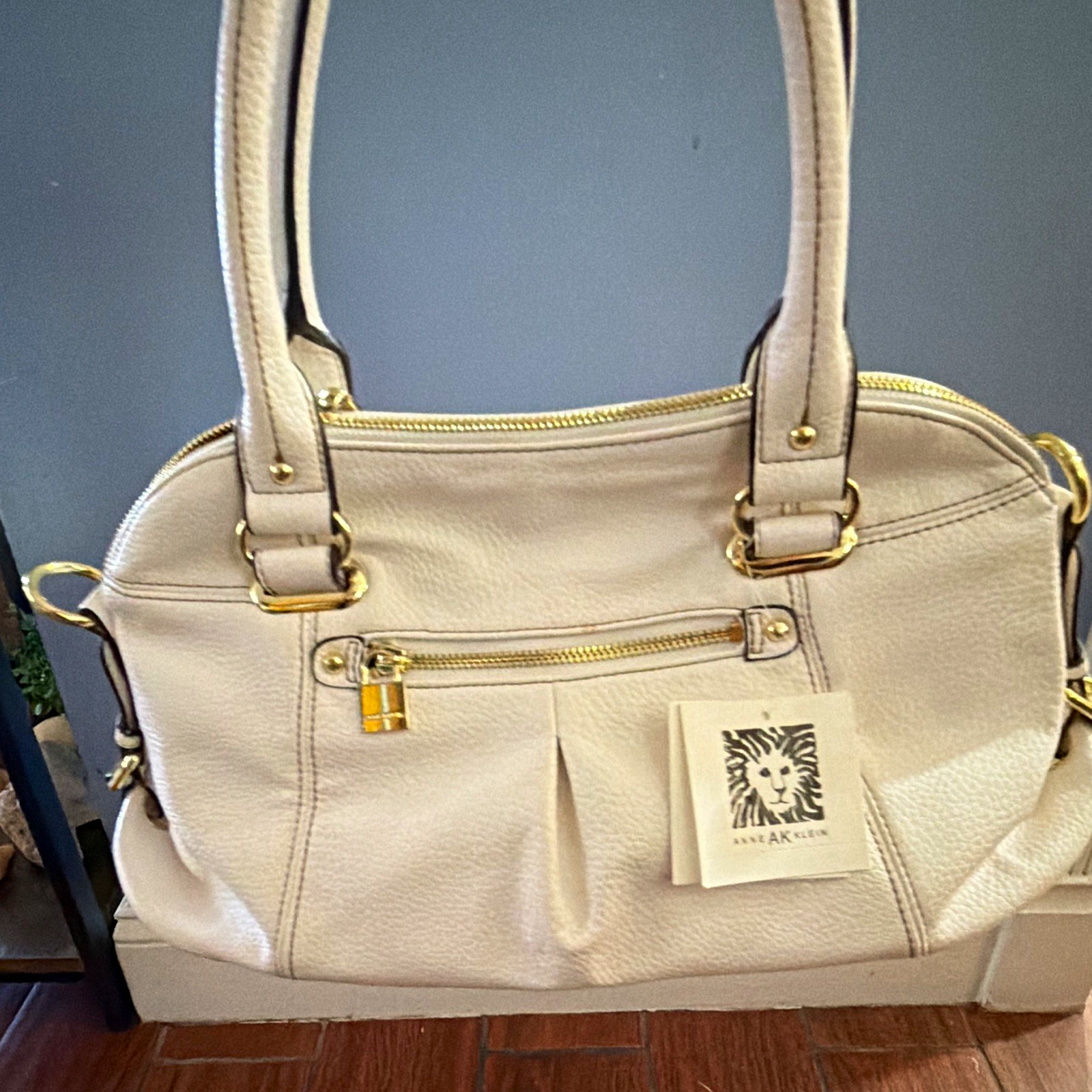 Anne Klein Beige Medium Satchel Top Handle Zip Double Handles Gold Hardware