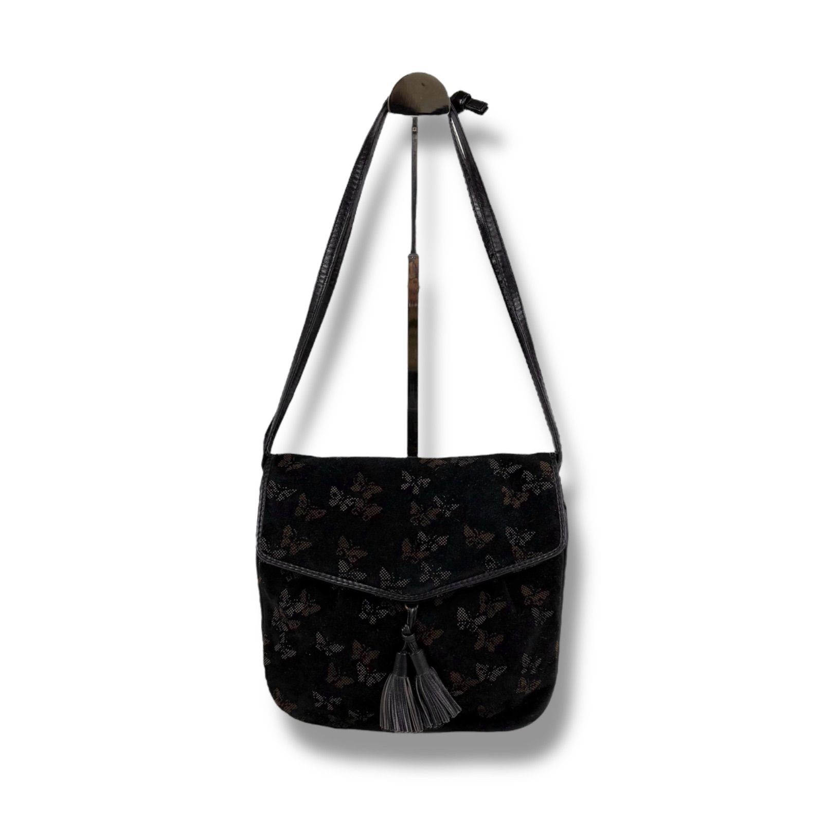 Bottega Veneta Vintage Black Butterfly Print Suede Leather Shoulder Bag Japan FS