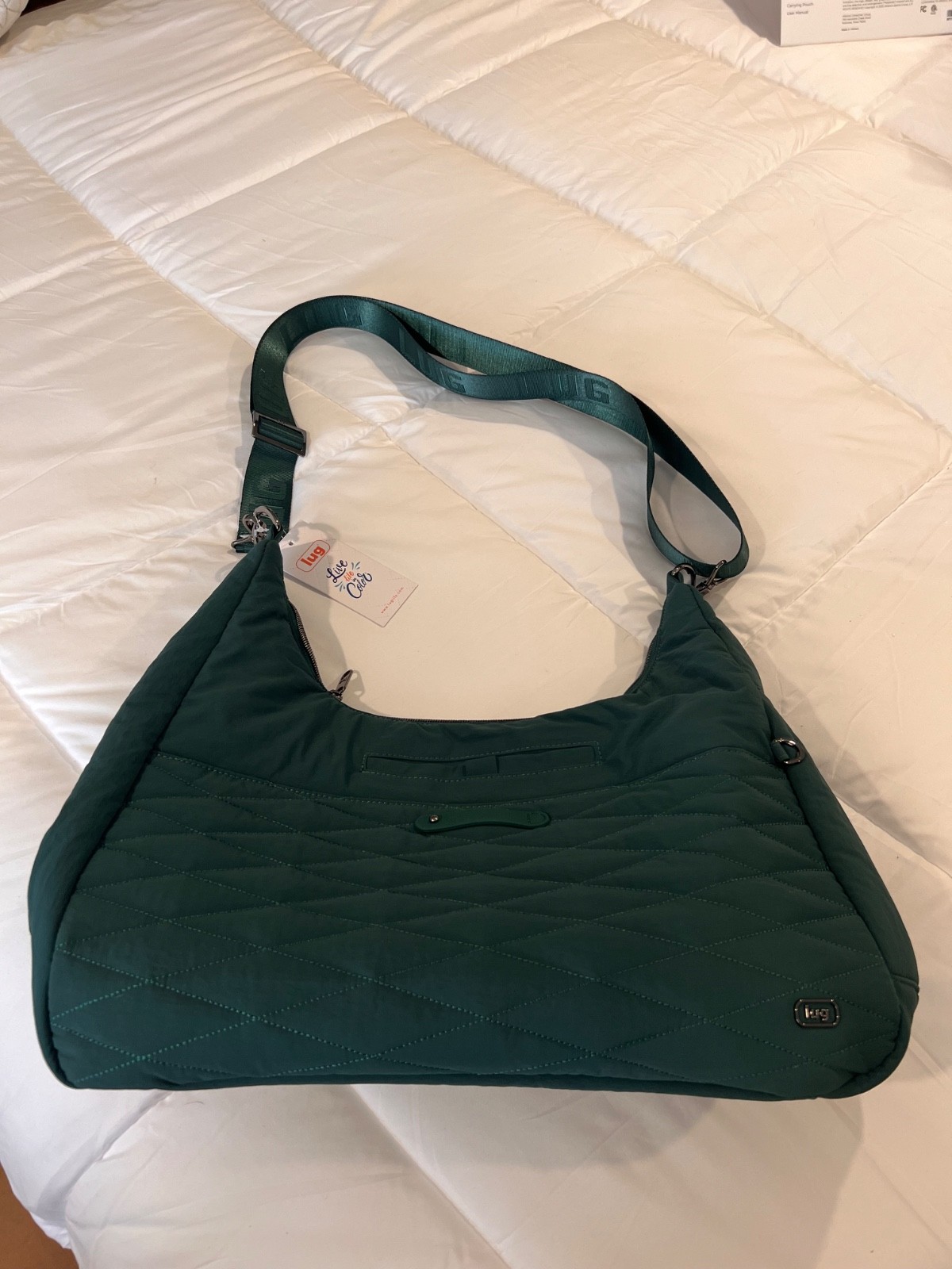 Lug Hobo purse forest green. Measures 17″W × 15″H × 6.25″D with a 20.5″ to 33.5″