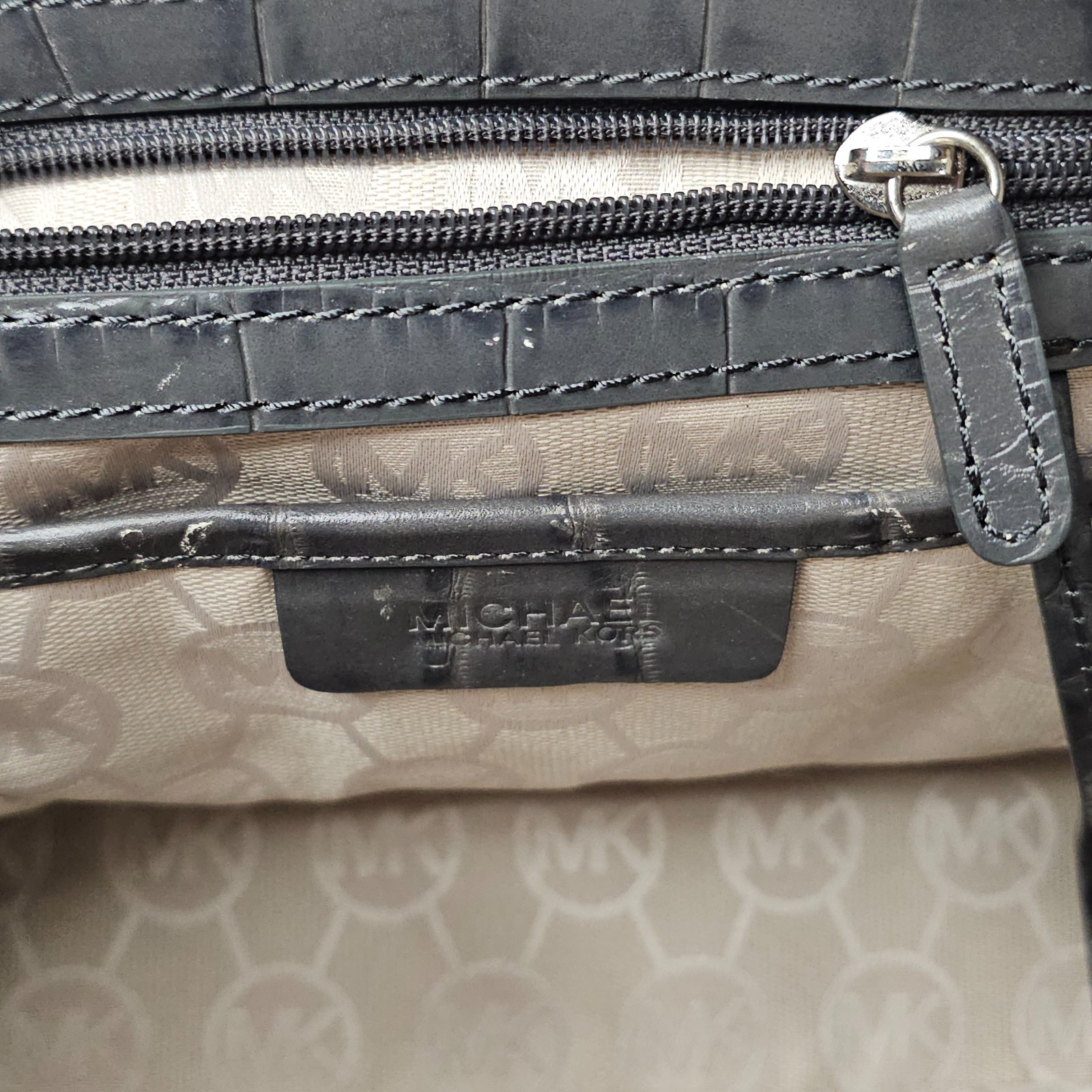 Michael Kors Croc Embossed Leather Handbag GRAY Lock Key Satchel