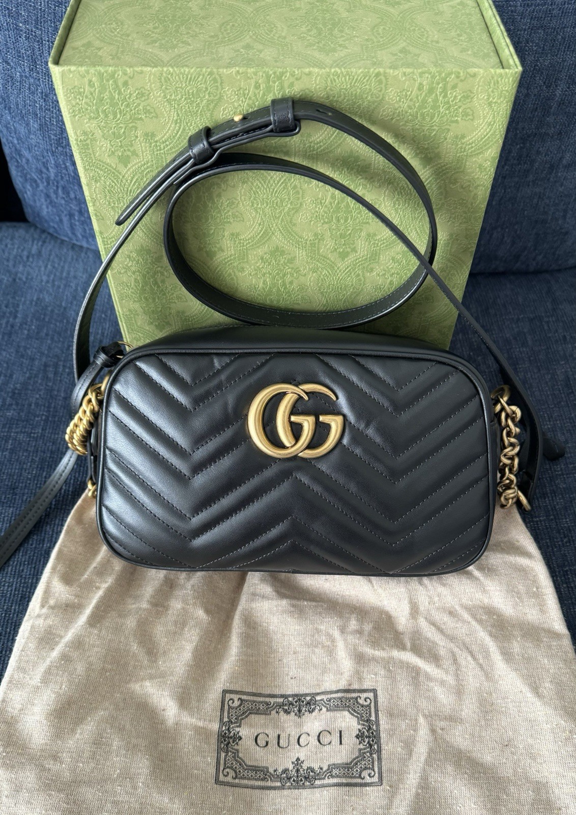 Authentic Gucci GG Marmont Small Camera Bag Black Matelassé Leather