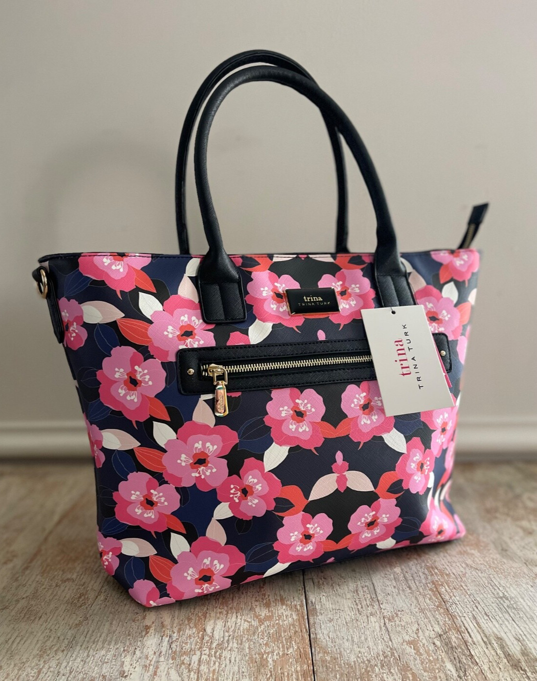Trina Turk Narcissus Tote NWT Pink Floral Navy Double Handled Shoulder Strap Lux