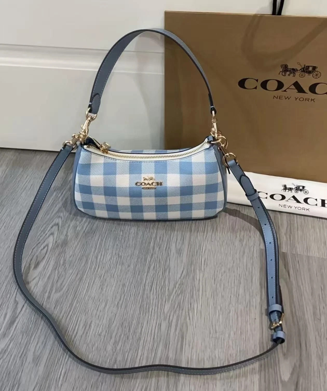 COACH Teri Shoulder Bag CES65 Blue White Gingham Print Jacquard Crossbody Purse