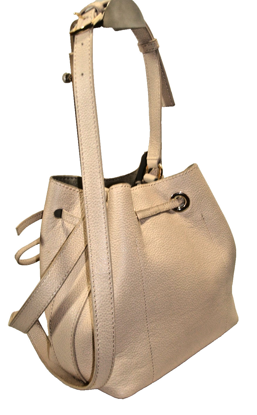 Furla Beige Soft Pebbled Leather Suede Lined Drawstring Bucket Shoulder Bag MINT