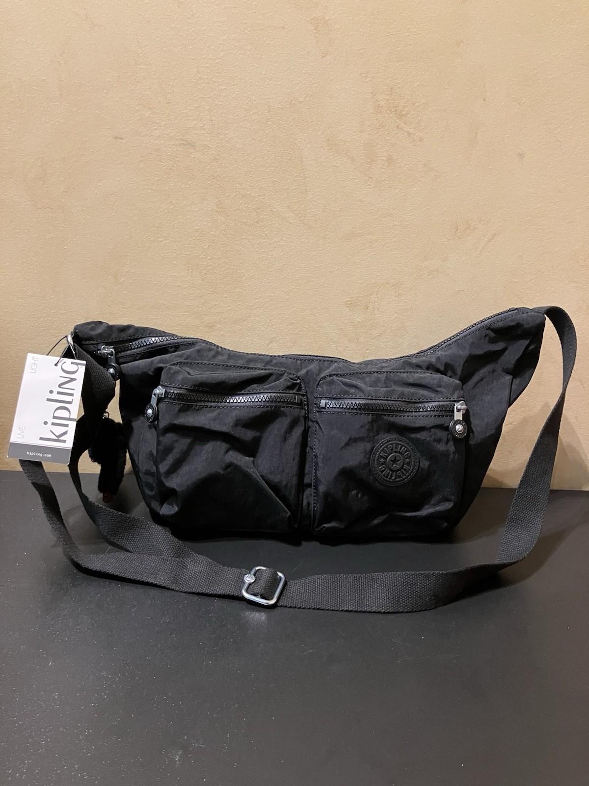 Kipling Jericho Crossbody Bag Black Tonal Nylon Shoulder Bag NWT Monkey Keyring