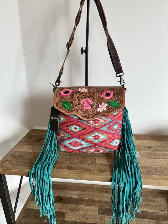 Myra Bag Fringe Tooled Leather Handbag Western Boho Floral Turquoise Crossbody
