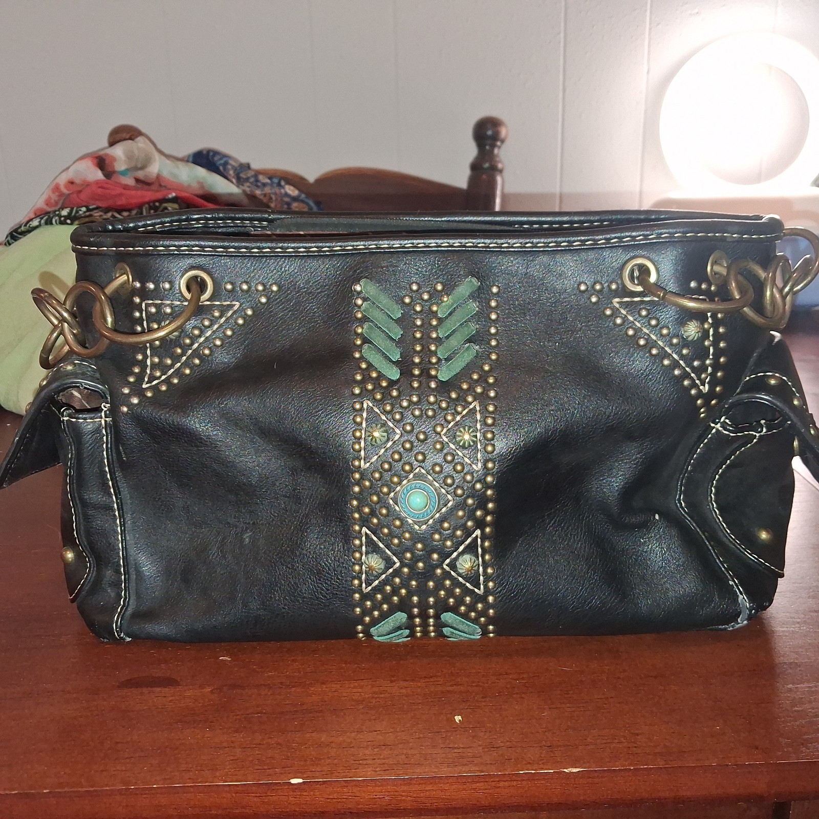 Montana West Select Black Studded Western Shoulder Bag Turquoise Medallion Boho