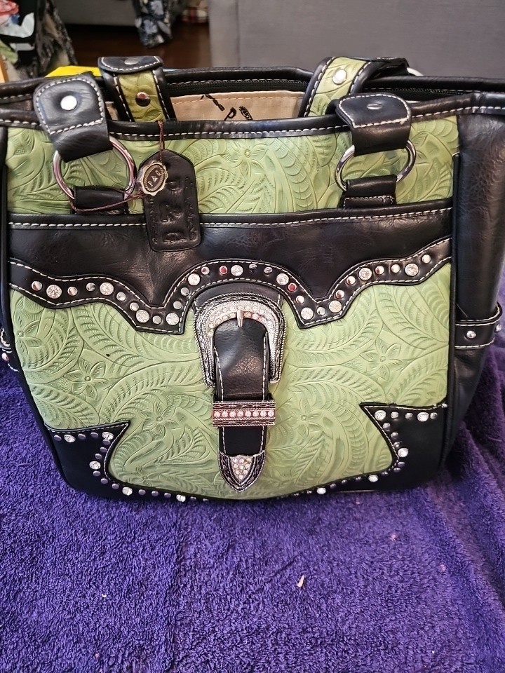 P&G Collection Handbag Purse – Western Style Embossed Tooled Leather Rhinestones