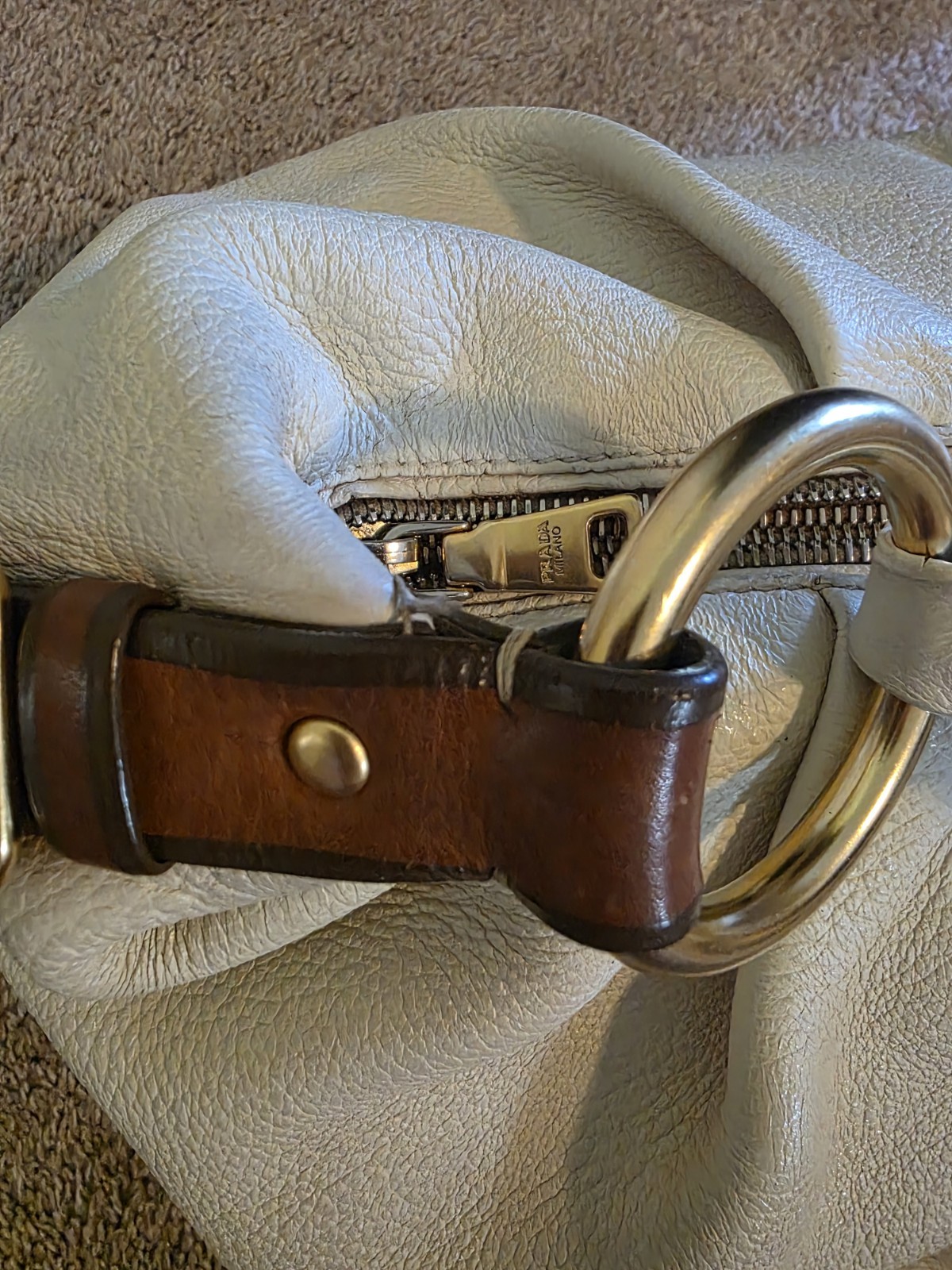 Authentic PRADA Cream DEERSKIN Leather Vitello Daino Medium Hobo Shoulder Bag