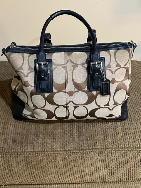 Coach Hampton Signature Carryall Satchel F13812 Tan/Brown with Black Leather – w