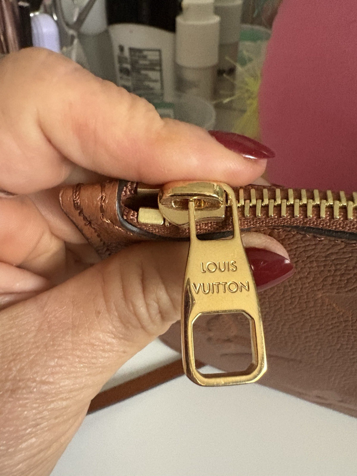 Louis Vuitton Brown Monogram Embossed Small Wristlet Zip Pouch w/ Strap