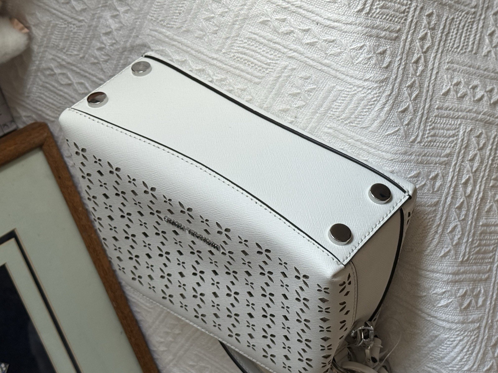 NWT Michael Kors Portia Laser Cut Small Satchel In Optic White