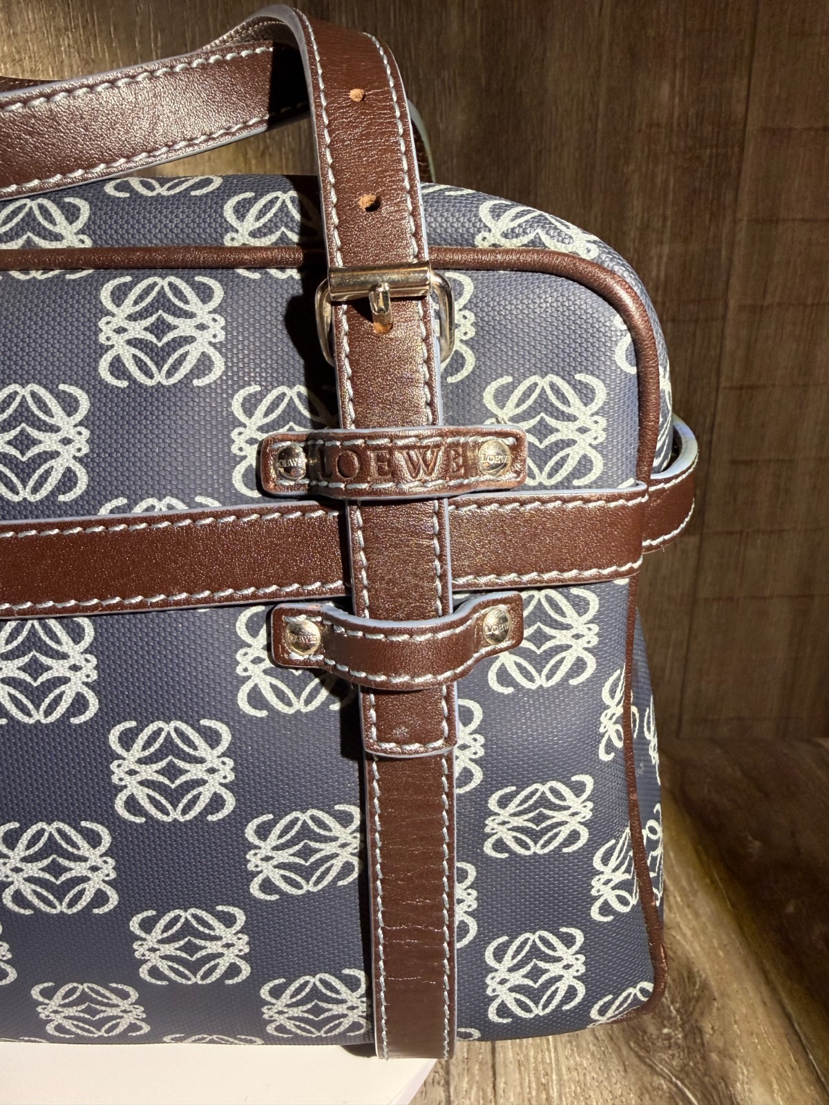 Vintage Authentic Loewe Anagram Boston Bag Blue Canvas with Brown Leather Trim