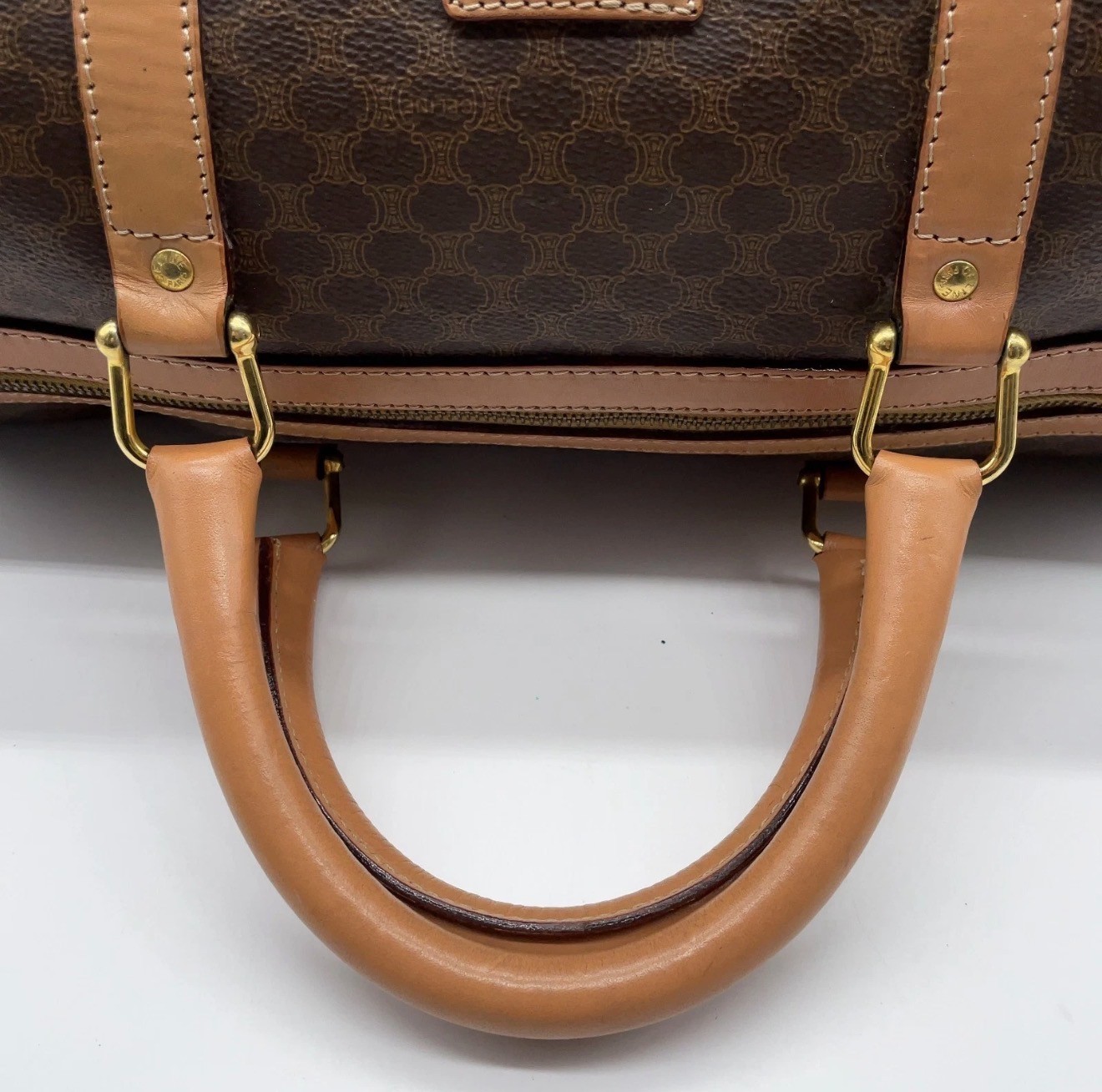 Authentic Celine Macadam pattern PVC leather brown Boston bag 40 w/Padlock