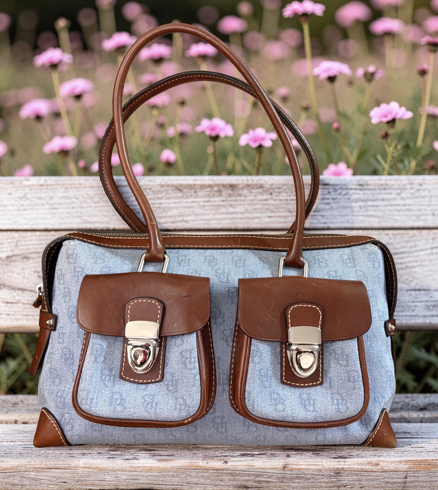 Dooney Bourke Blue Denim Jeans DB Logo Double Pocket Satchel Saddle Shoulder Bag