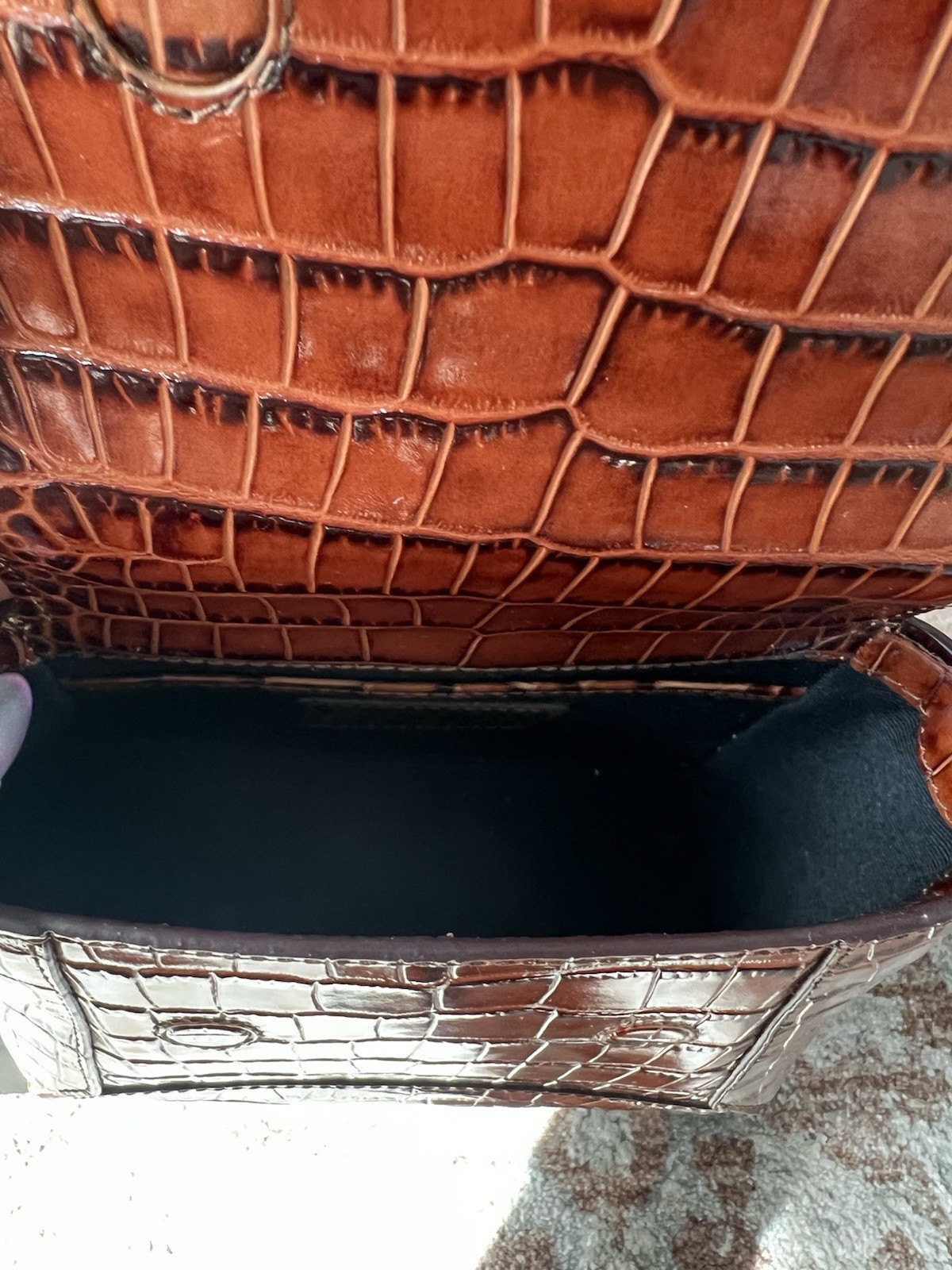 Strathberry Mosaic Nano Brown Croc Embossed Top Handle + Crossbody Strap