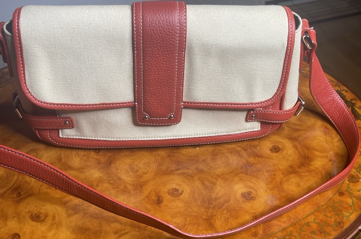 Tignanello Beige & Red Shoulder Bag, Buckle Accent, Magnetic Zip Closure
